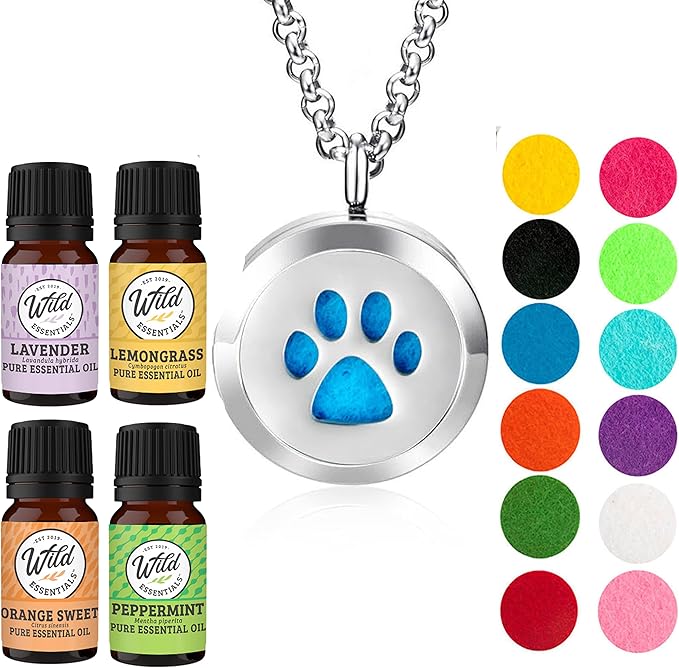 Wild Essentials Dog Paw Necklace Essential Oil Diffuser Kit with Lavender, Lemongrass, Peppermint, Orange Oils, 12 Refill Pads, Calming Aromatherapy Gift Set, Customizable Color Changing, Perfume