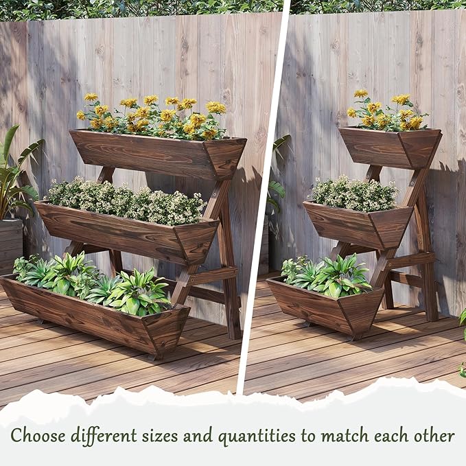 3-Tier Wooden Vertical Raised Garden Bed with Legs, Tiered Planter Box, Vertical Garden Planter,Wood Plant Stand Wood Flower Rack for Patio, Balcony, Freestanding. (Carbonized-Small)