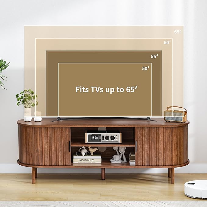 54" Fluted TV Stand with Storage, Mid Century Modern TV Console with Tambour Sliding Doors, Curved Entertainment Center, Media Console for Living Room, Bedroom (Walnut)