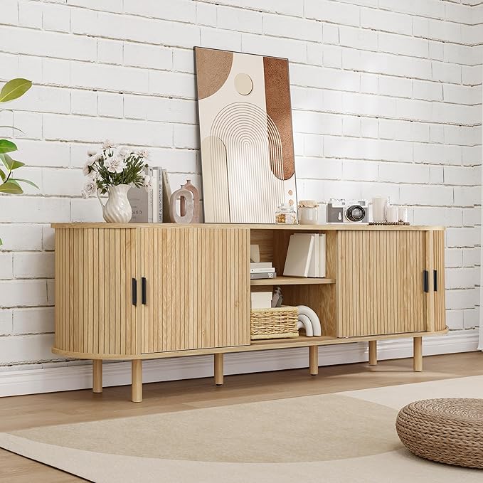 70-Inch Mid Century Modern TV Stand, Curved Entertainment Center with Fluted Sliding Doors, Storage Cabinet for TVs up to 75 Inch, Media Console for Living Room, Bedroom, Natural