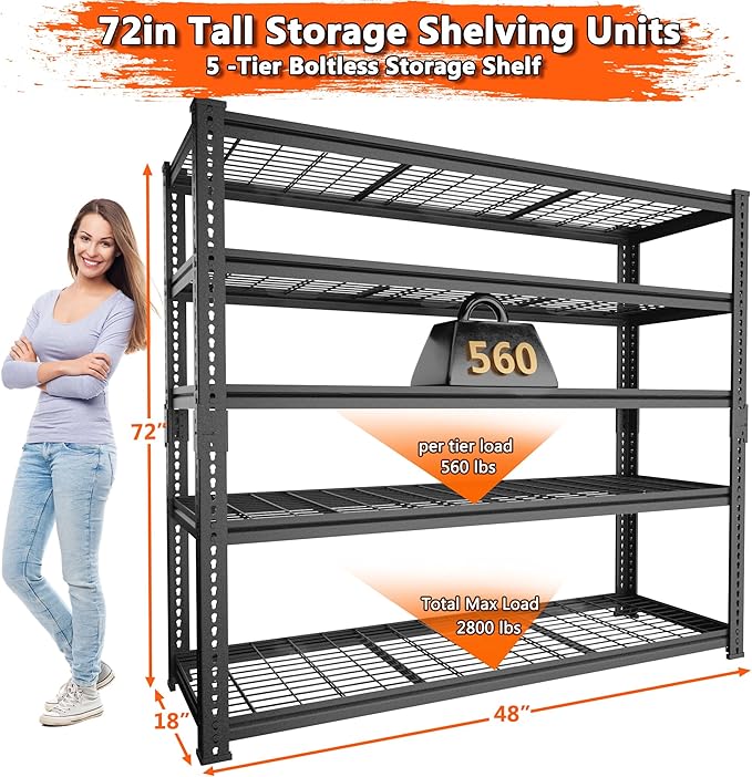 Storage Shelves Heavy Duty, 3 PCS 48" L x 18" W x 72" H Garage Wire Shelving Unit Loads 2800LBS, 5-tier Adjustable Metal Industrial Utility Shelf Rack for Kitchen, Laundry Room, Warehouse, Basement