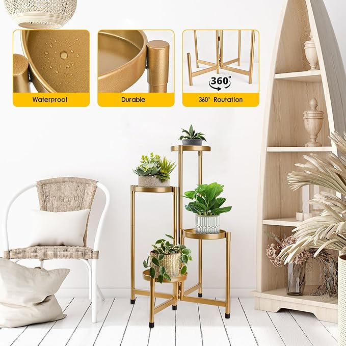 4 Tier Plant Stand Indoor Outdoor, 31 Inch Tall Metal Plant Shelf Waterproof, Plant Holder with Folding Design For Home, Living Room, New Upgrate Gold