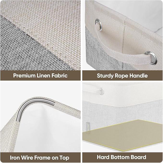 BALEINE 3 Pack Fabric Storage Bins for Shelves, Linen Storage Baskets for Organizing, Decorative Closet Bins for Clothes, Home (Grey, 15"x11"x9.5")