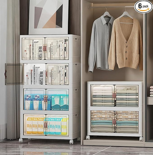 Extra Large Stackable Storage Bins with Lids & Wheels & Door, 312QT-52QT/13GAL*6Pack Foldable Collapsible Closet Organizers, Plastic containers Drawers for Bedroom Dorm