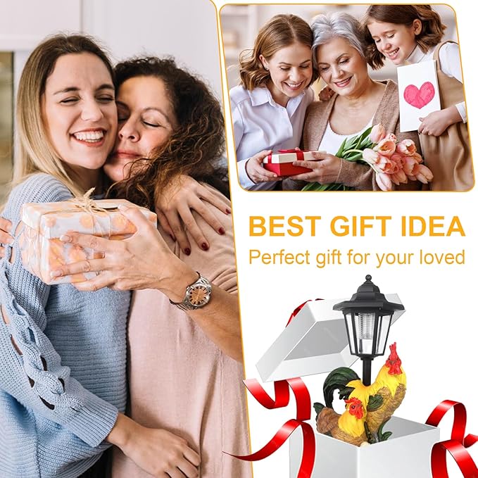 Solar Rooster Decor Outdoor, Chicken Figurines Decorations with Lantern for Outside Patio Yard Backyard Gifts for Mother's Day Birthday Housewarming