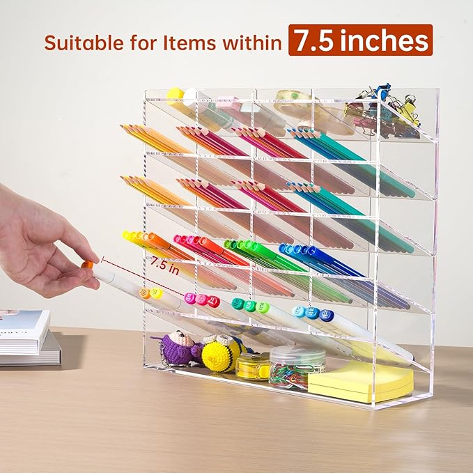 BEYGORM Acrylic Vertical Marker Organizer for 250 Markers with 21 Compartments, Clear Angled Pen & Pencil Holder, Large Desk Stationery & Art Supply Storage for Office & School (13 x 12.5 x 4 Inch)