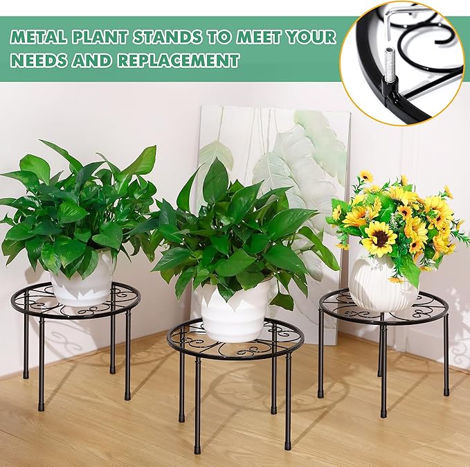 3 Pack Metal Plant Stands for Outdoor Indoor, Anti Rust Round Iron Plant Pot Shelf, Heavy Duty Flower Pot Stands for Multiple Plant, Rustproof Plant Holder, Decoration Racks for Home Garden