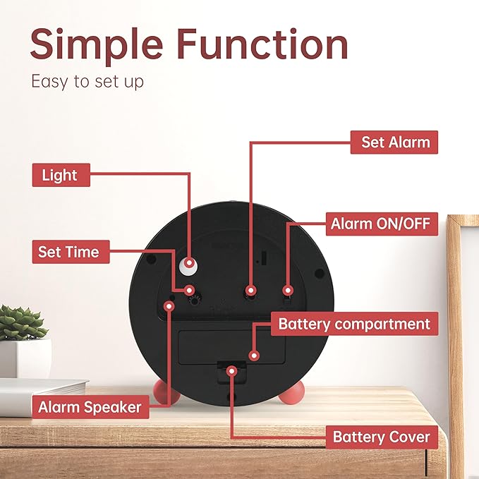 Analog Alarm Clock, 4 inch Super Silent Non Ticking Small Clock with Night Light, Battery Operated, Simple Design, Old Fashioned Style Wine-red Decor, for Bedroom, Bedside, Desk, Adult, Kid, Gift, Red