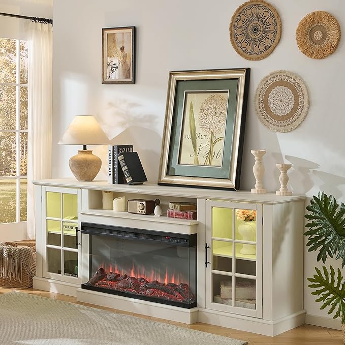 ROCKPOINT 3 Sided Glass 80" Fireplace TV Stand for TVs up to 90inch, Media Entertainment Center with Glass Door Storage Cabinet,36" Electric Fireplace with LED Light and Flame Colors, White