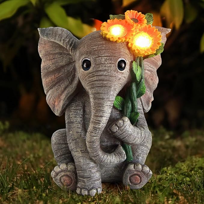 Outdoor Sculpture Figurine Statue Elephant Decor,Solar Garden Statues for Patio Home Yard Decor,Good Luck Sunflower Elephant for Women, Mom Gifts Housewarming Gift