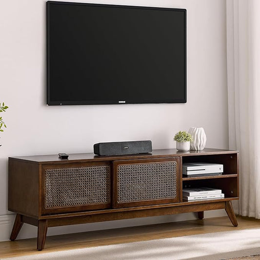 LKTART 59 inch Mid Century Modern TV Stand with Rattan Cabinet Doors, Boho Entertainment Center for 55/60/65 inch TVS, Media Console for Living Room/Bedroom, Dark Walnut