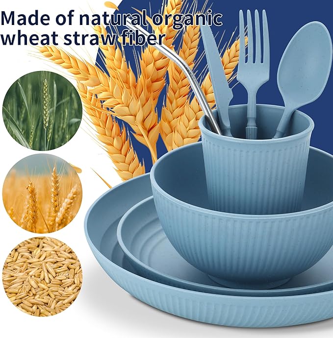 Hommaly Wheat Straw Dinnerware Sets,42-Piece Plates and Bowls Sets for 6-Unbreakable,Reusable Plastic Dish Set-Dinner Plate/Cereal Bowl/Cup/Utensils-Microwavable Dishwasher Safe 42P-Oecan Coral