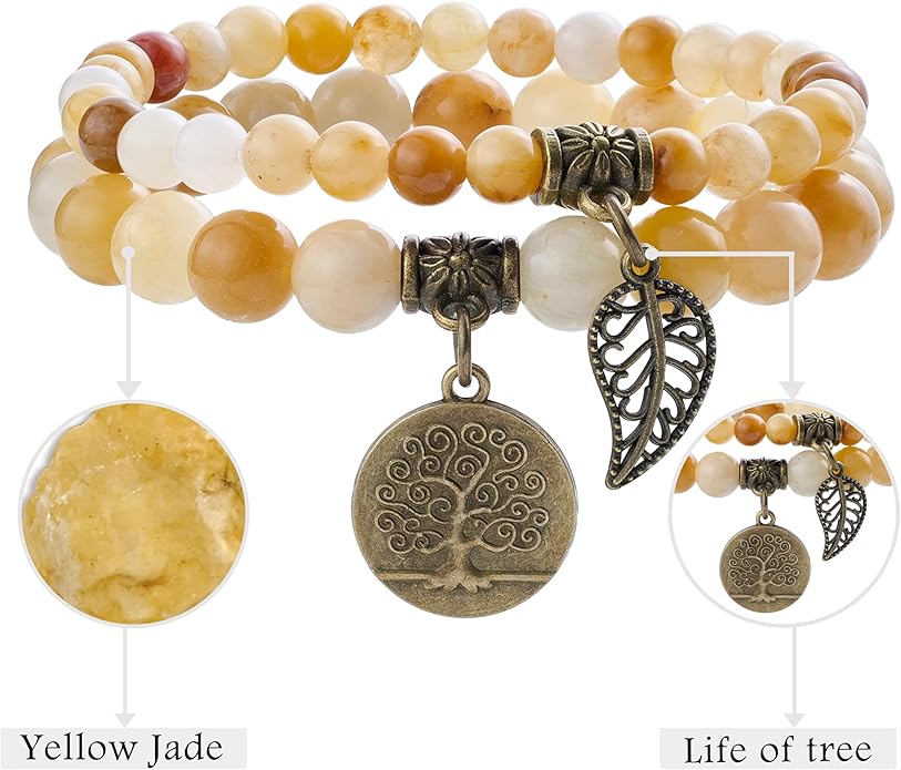 Bivei Natural Semi Precious Gemstone beads bracelet for women - Life Tree and Leaf Charm Energy Reiki Crystal Stretch Bracelets
