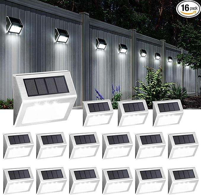 SOLPEX Solar Step Lights, 16 Pack Stair Lights, Outdoor Fence Lighting, Solar Powered Deck Lights Waterproof 4 LEDs for Stairway Patio Porch Pathway Walkway Garden (Cold White)