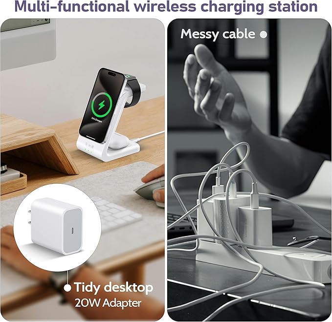 3 in 1 Wireless Charging Station: 5000mAh Removable Power Bank Charger Stand for iPhone/Apple Watch/Airpods - Portable Magnetic Battery Pack for Air 17 16 15 14 13 12 Series White