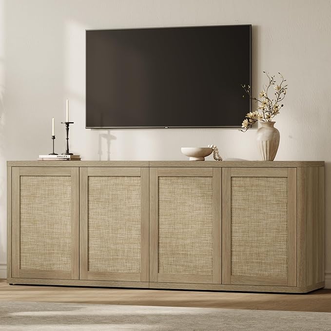 SICOTAS Rattan TV Stand for 65 70 inch TV - Large Entertainment Center TV Consoles for Living Room Bedroom, Farmhouse Television Stands with Storage Cabinet Boho Modular Media Console, Amber Oak