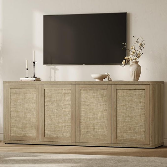 SICOTAS Rattan TV Stand for 65 70 inch TV - Large Entertainment Center TV Consoles for Living Room Bedroom, Farmhouse Television Stands with Storage Cabinet Boho Modular Media Console, Amber Oak