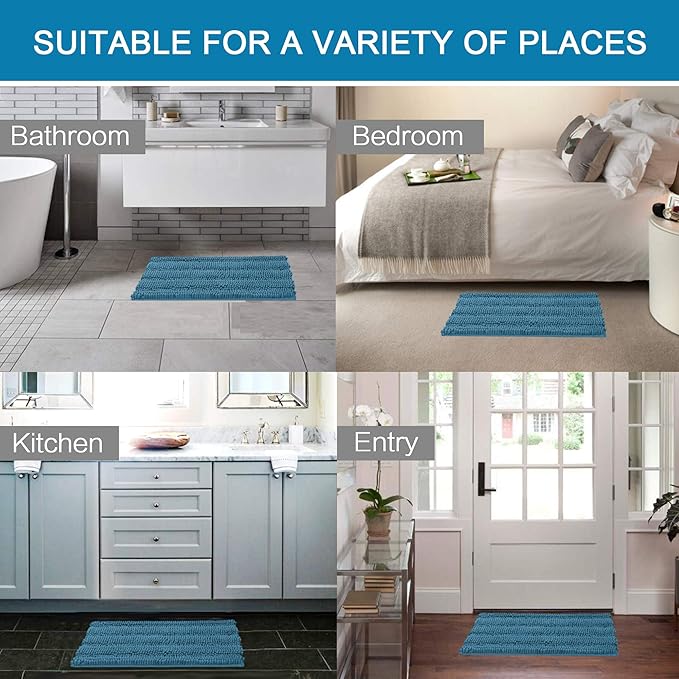H.VERSAILTEX Bath Rugs for Bathroom Non Slip Bath Mats Extra Thick Chenille Striped Rug 20" x 32" Absorbent Non Skid Fluffy Soft Shaggy Washable Plush Mat for Indoor, Bath Room, Tub - Turquoise Blue