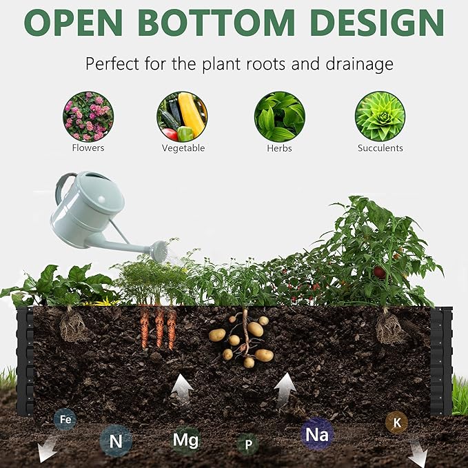 FOOWIN 4pcs 8x4x2ft Galvanized Raised Garden Bed, Planter Raised Garden Boxes Outdoor, Large Metal Raised Beds for Gardening, Garden Bed for Vegetables, Flowers, Herb,478 Gallon Capacity, Black