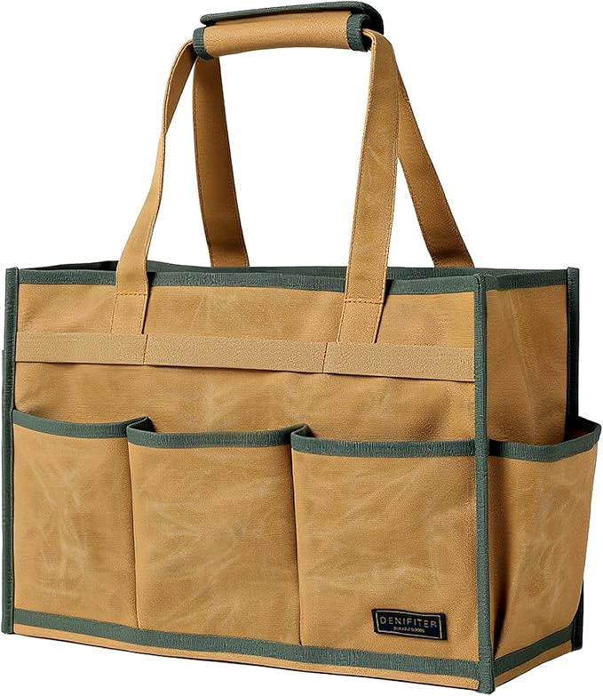 Heavy-Duty Waxed Canvas Tool Tote Bag – Large Capacity Tool Organizer with 14 External Pockets & Padded Handle | Durable Storage Tote for Contractors, Electricians & DIY (16.5" x 7" x 12", Khaki)