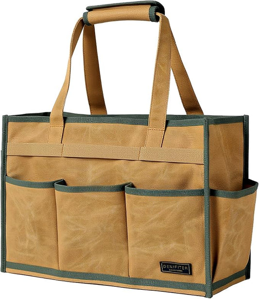 Heavy-Duty Waxed Canvas Tool Tote Bag – Large Capacity Tool Organizer with 14 External Pockets & Padded Handle | Durable Storage Tote for Contractors, Electricians & DIY (16.5" x 7" x 12", Khaki)
