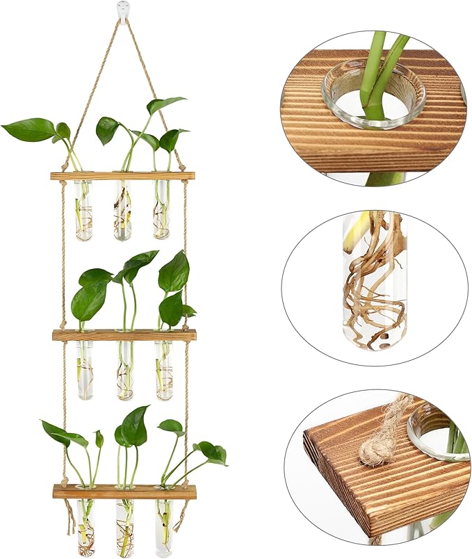 Hyindoor Wall Hanging Propagation Stations 3 Tired Wall Planter Terrarium with Wooden Stand and Glass Test Tubes Plant Hanger Flower Vase for Home Office Wall Decor Hydroponic Cuttings