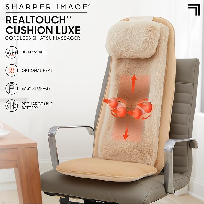 Sharper Image® Realtouch Cushion Luxe - Cordless Shiatsu Massaging Chair Pad| Heated Seat Topper & Remote Control| Heat & Vibration|Ultra-Soft Padding| Wireless Full Body Back & Shoulder Massager Gift