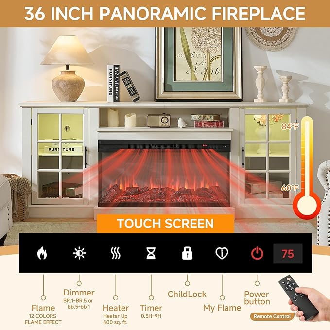 ROCKPOINT 3 Sided Glass 80" Fireplace TV Stand for TVs up to 90inch, Media Entertainment Center with Glass Door Storage Cabinet,36" Electric Fireplace with LED Light and Flame Colors, White