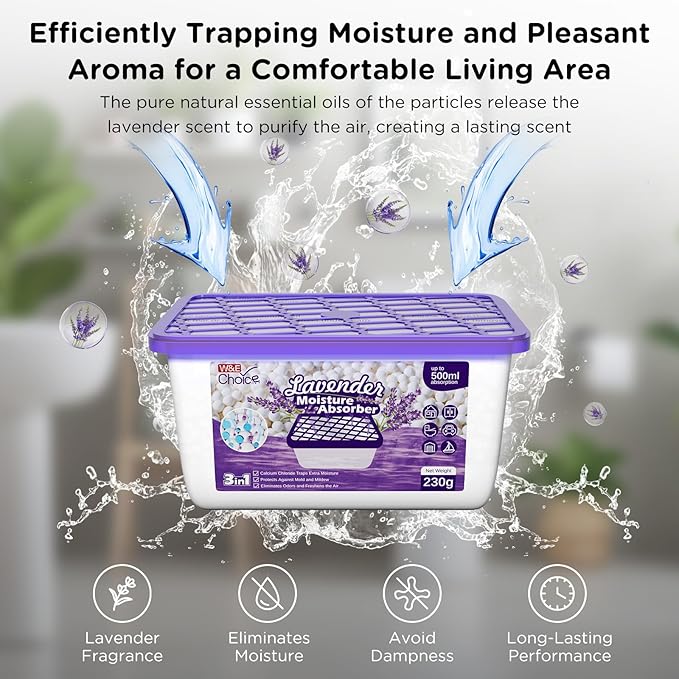 W&E Choice Moisture Absorbers with Lavender Scent, Portable Dehumidifier for Closet & Bathrooms, Kitchen, Humidity Absorber Odor Eliminator Absorber, 12Pack