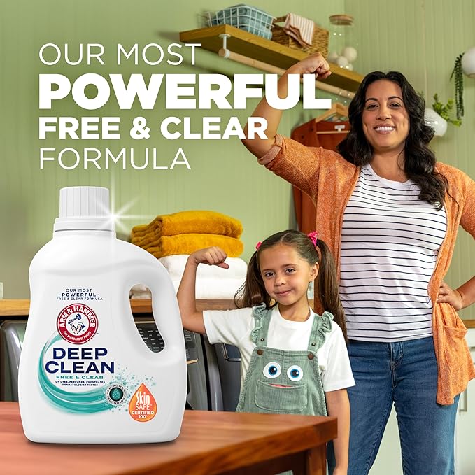 ARM & HAMMER Deep Clean Free & Clear Liquid Laundry Detergent, Free of Dyes, Perfumes and Phosphates, Suitable for Sensitive Skin, Dermatologist Tested, 102 Fl Oz, 68 Loads
