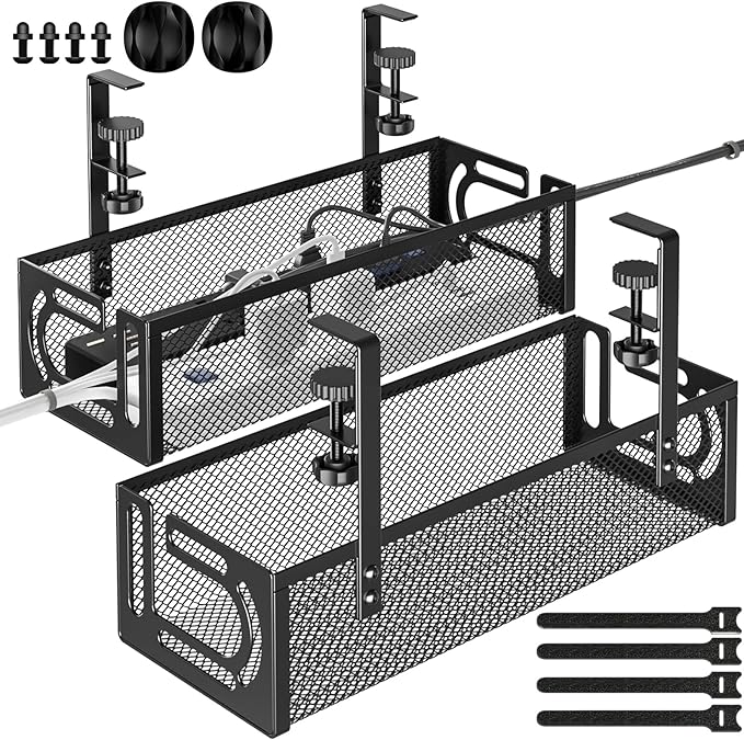 Under Desk Cable Management Tray, 15.7'' No Drill Steel Desk Cable Organizers, Wire Management Tray Cable Management Rack (2 Packs-Black)