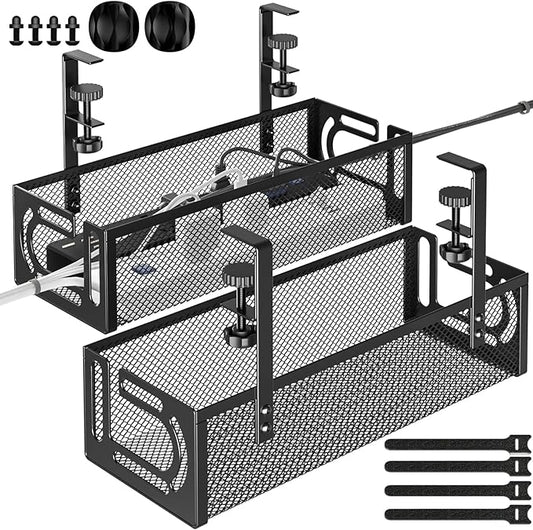 Under Desk Cable Management Tray, 15.7'' No Drill Steel Desk Cable Organizers, Wire Management Tray Cable Management Rack (2 Packs-Black)