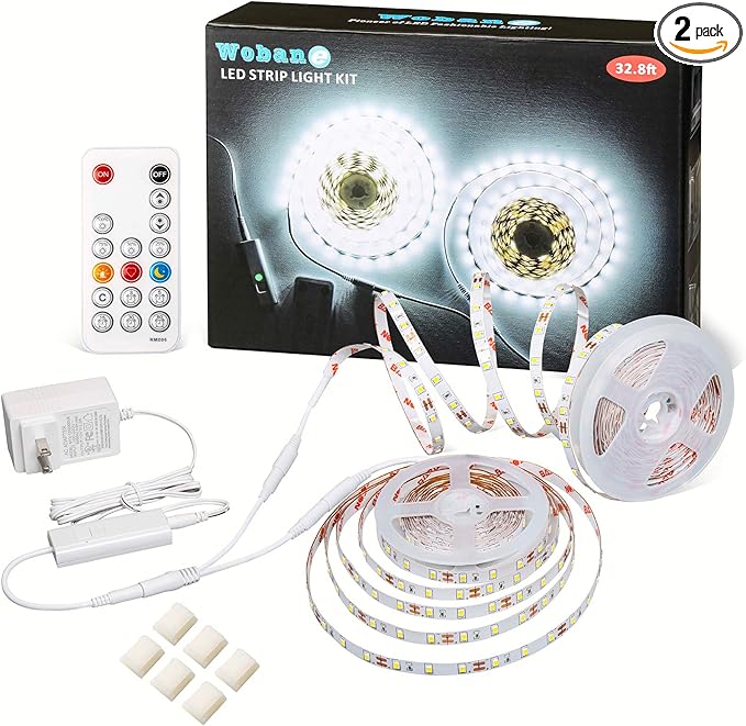 WOBANE LED Strip Lights 32.8ft White, Dimmable White Light Strip Kit with Remote and Control Box, 600 LEDs Supper Bright Tape Lights for Living Room, Mirror, Under Cabinet, Wardrobe 6500K Daylight
