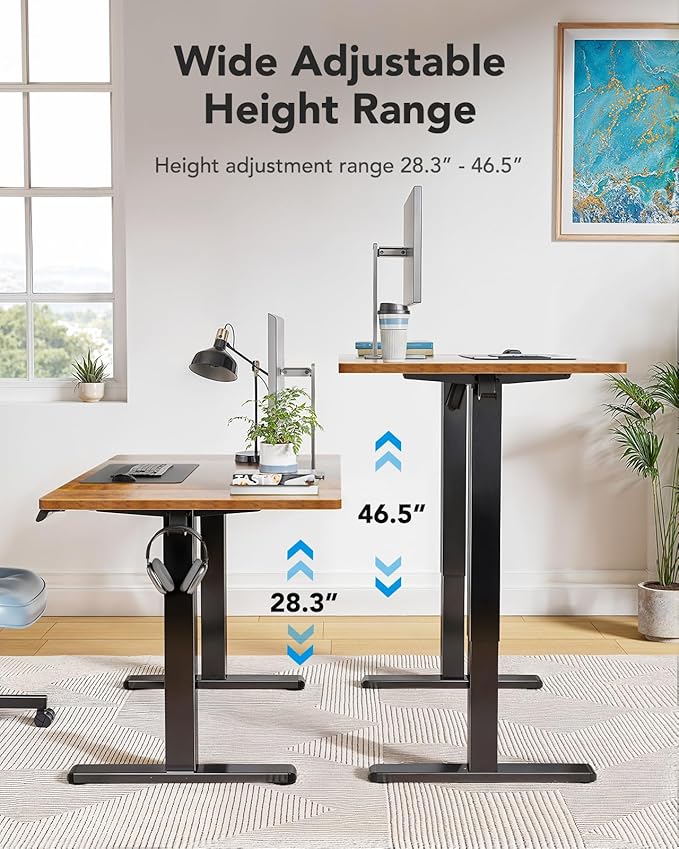 HUANUO 48 x 24 inch Electric Standing Desk, Height Adjustable Table with Headphone Hooks & Cable Manager, Sit to Stand up Desk for Home Office, Vintage Brown