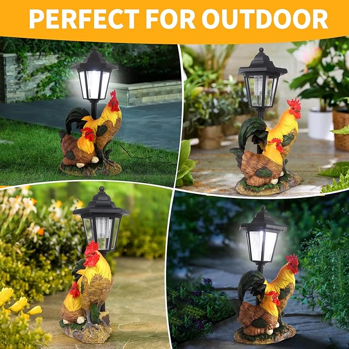 Solar Rooster Decor Outdoor, Chicken Figurines Decorations with Lantern for Outside Patio Yard Backyard Gifts for Mother's Day Birthday Housewarming