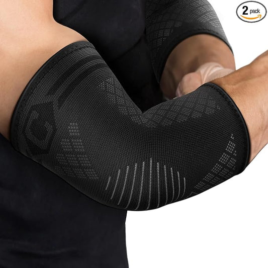 CAMBIVO 2 Pack Elbow Brace for Tendonitis, Tennis Elbow Compression Support Sleeve for Golfers Elbow Pain Relief, Arthritis, Bursitis, Workout, Weightlifting (Black-Grey,Medium