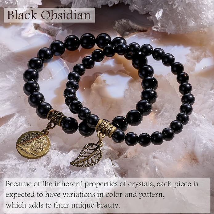 Bivei Natural Semi Precious Gemstone beads bracelet for women - Life Tree and Leaf Charm Energy Reiki Crystal Stretch Bracelets