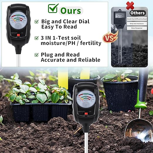 3-in-1 Soil Test Kit, Soil Moisture Meter/Soil pH Meter/Soil Fertility Tester, Soil Moisture Meter for Garden, Farm, Indoor, Outdoor and Lawn Care (Bright Black)
