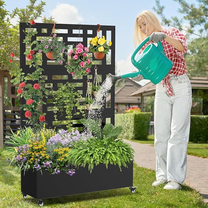 Metal Planter Box with Trellis, 71"x 47"x 16" Raised Garden Bed with Trellis & Wheels, Privacy Planters for Patio, Planter Box with Drainage Holes for Climbing Plants, Flower, Vegetable