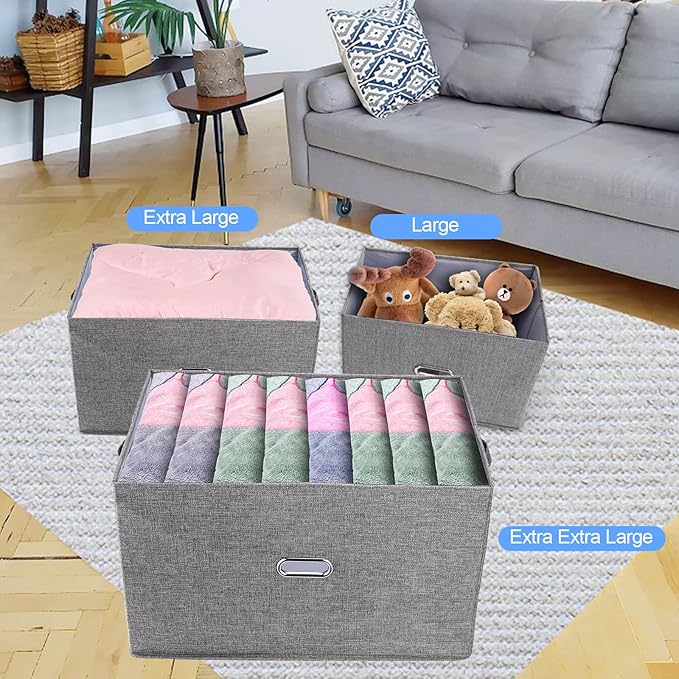 Large Linen Fabric Foldable Storage Bins with Removable Lid and Handles, Washable Storage Box Organizer Containers Baskets Cube with Cover for Bedroom,Office(Green, XXL)