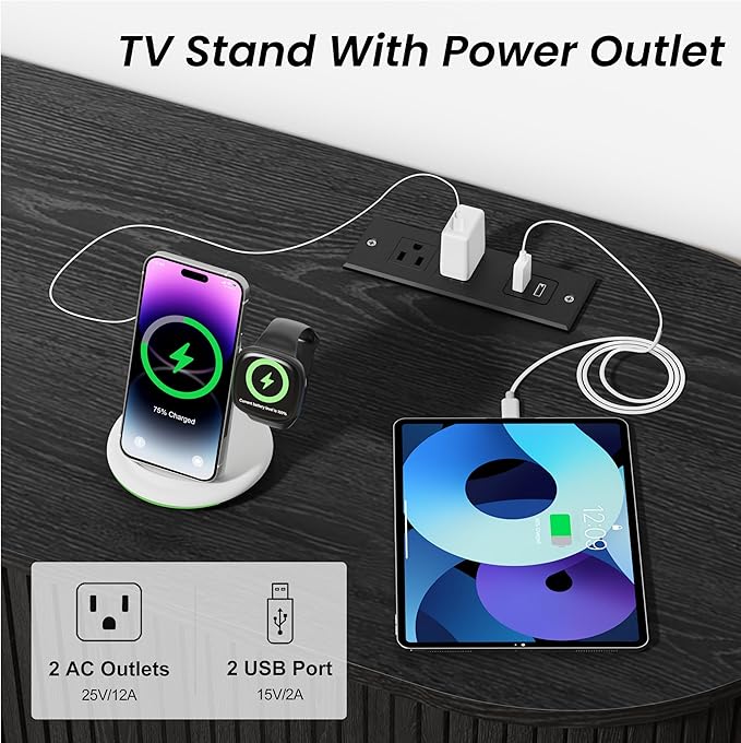 DHH Tv Stand Cabinet with Storage,Fluted Tv Console Entertainment Center with Storage Adjustable Shelves, Modern Vintage with Sliding Doors tv Stand for Living Room (Black, 63 Inch)