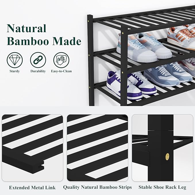 Smiry Shoe Rack, 3 Tier Thick Bamboo Shoe Organizer, Stackable Free Standing Wooden Shoe Storage Shelf for Closet, Entryway, Front Door Entrance, Black
