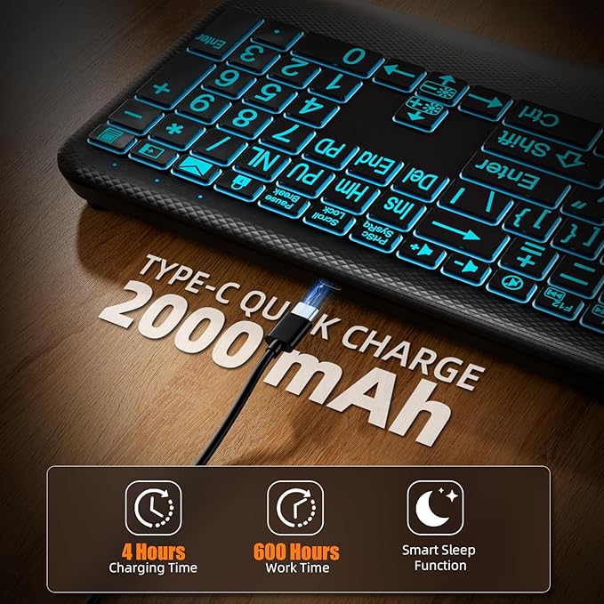 Large Print Backlit Wireless Keyboard – Silent Keyboards with Wrist Rest, 7-Color Light up, Quiet Low Profile Keys, 2.4G Wireless Rechargeable Full Size Keypad for Computer Laptop Windows Mac, Black