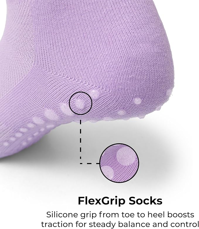 AMELLE Pilates Mid Crew Grip Socks for Women Non Slip – Half Cushioned Striped Yoga Barre Crew Socks with Grips – Anti Skid