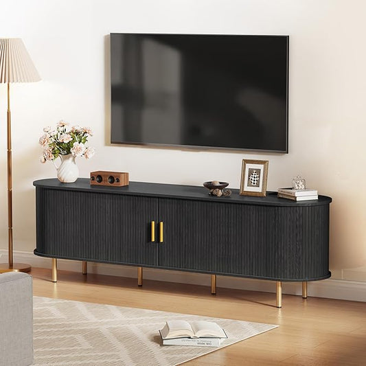DHH 70 inch Tv Stand Cabinet with Storage,Fluted Tv Console Entertainment Center with Storage Adjustable Shelves, Modern Vintage with Sliding Doors tv Stand for Living Room (Black, 70 Inch)