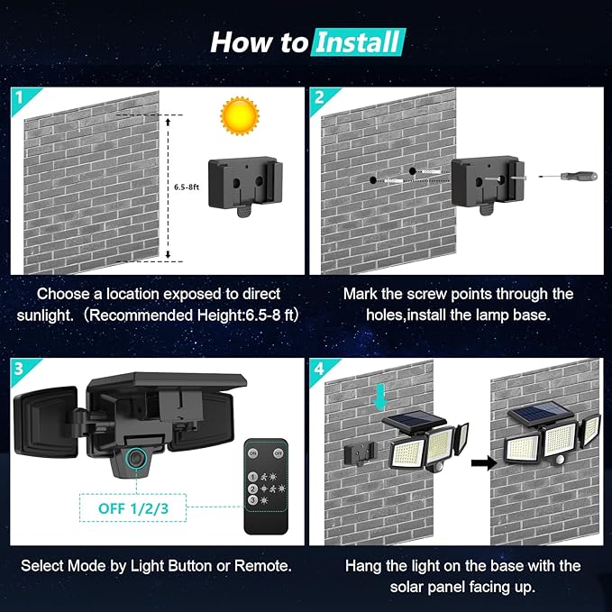 Tuffenough Solar Outdoor Lights 2500LM 210 LED Security Lights with Remote Control,3 Heads Motion Sensor Lights, IP65 Waterproof,270° Wide Angle Flood Wall Lights with 3 Modes(3 Packs)