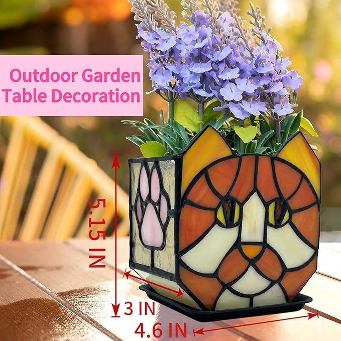 Stained Glass Orange Cat Planter,Indoor Flower Pots with Drainage,Cute Succulent Planter,Unique Orange Cat Flower Pot,Gifts for Plant Lovers 4.6x3x5.15 in