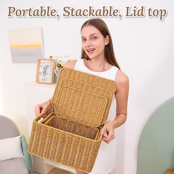 Baskets with Handles, Wicker Storage, Shelf Boxes for Organizing, Stackable Woven Bins, Decorative Lidded Resin, Set of 3, Amber