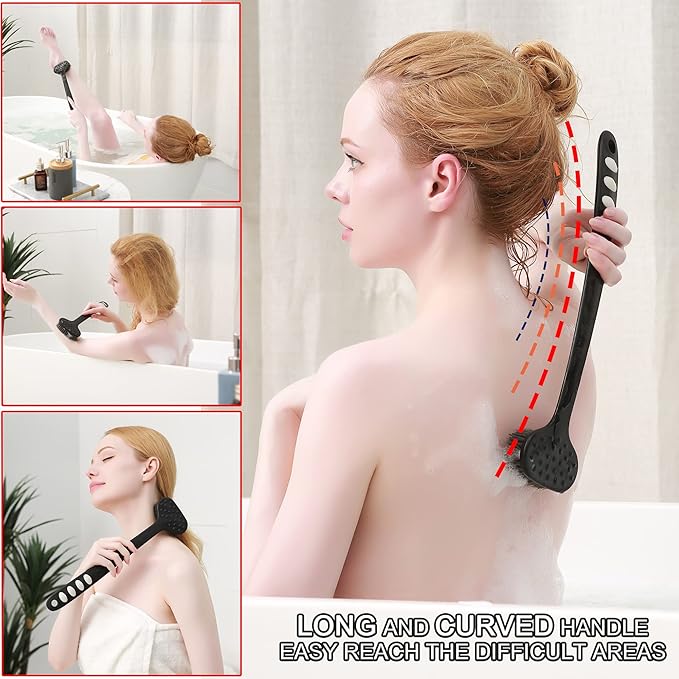 Bath Body Brush with Soft Bristles,Non-Slip Handle Built-in TPR Enhance Grip,15 in Long Handle Gentle Exfoliation Improve Skin's Health and Beauty for Women Men Shower Brushing (Black)
