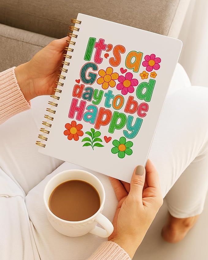Cute Floral Mental Health Spiral Notebook 5.5x8.3in, It's a Good Day to Be Happy Positive Journal Notebooks for Note Taking, Inspirational Gifts for Women, Hardcover Notebook Journal